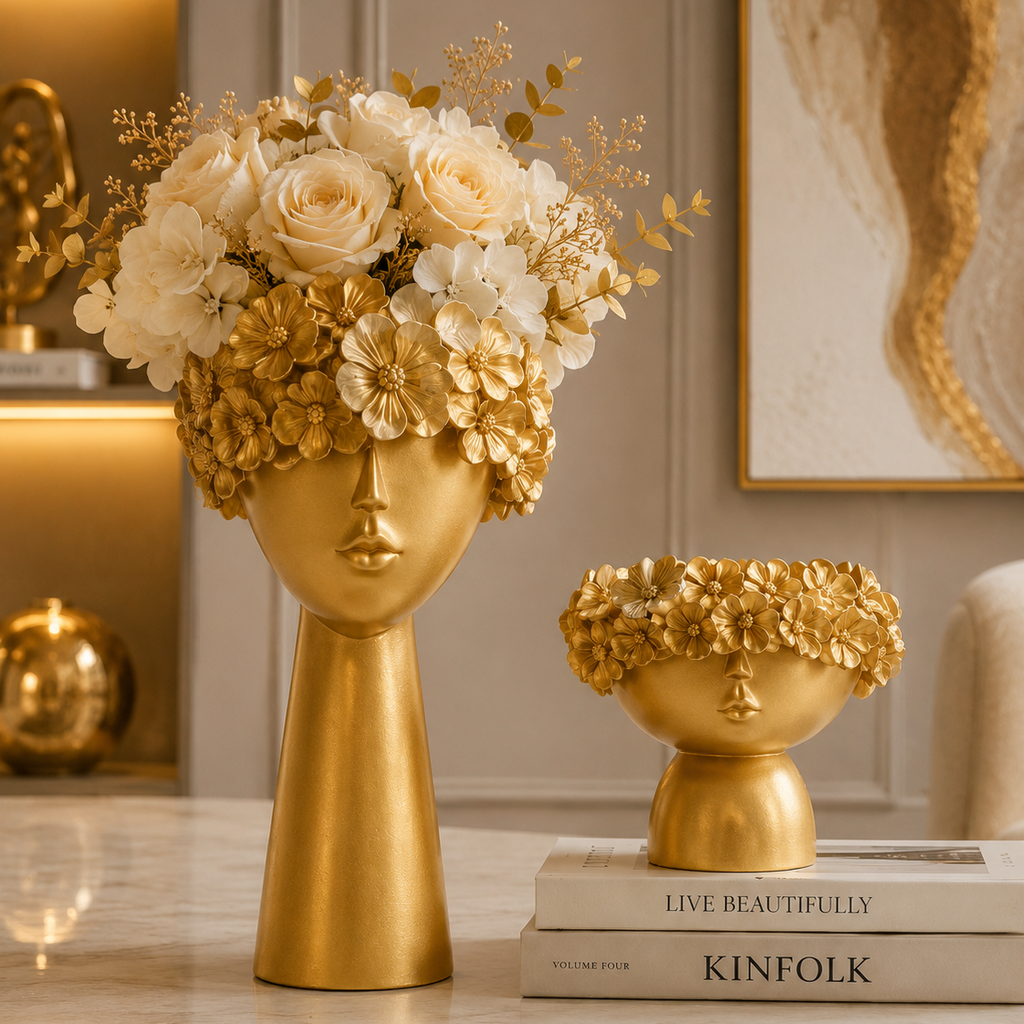 Golden Bloom Decorative Face Vase