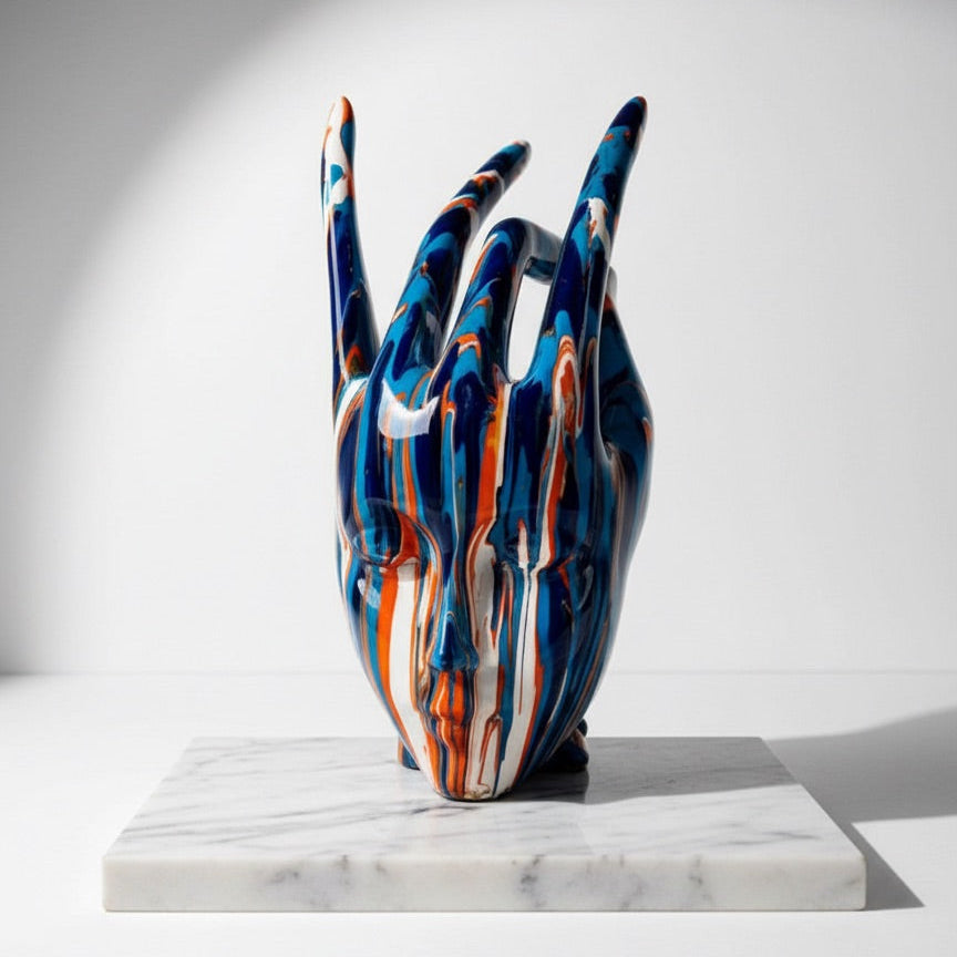 Colorful abstract sculpture on a marble base with a soft light background